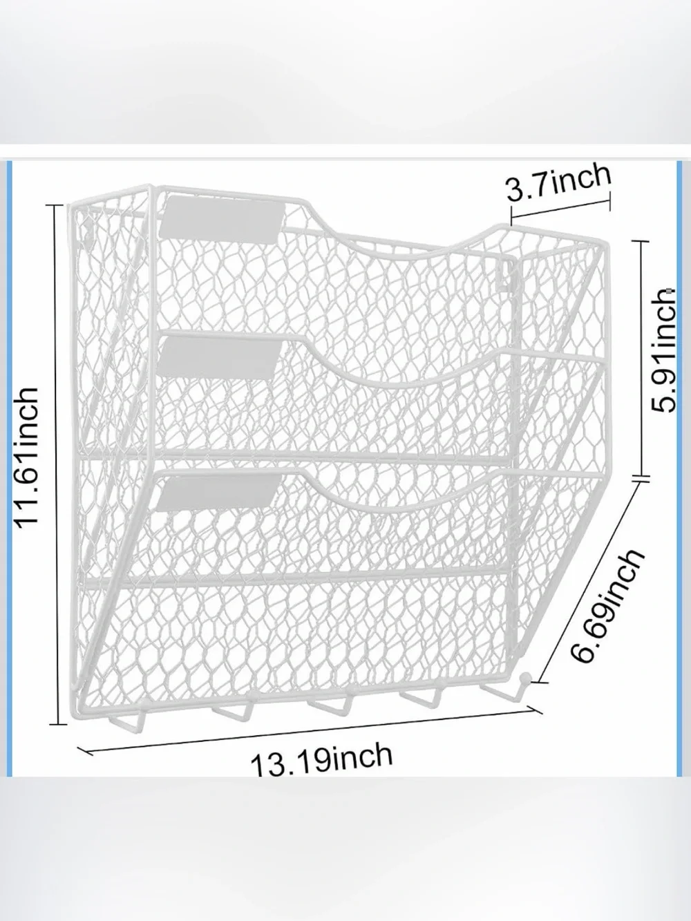 3 Tier White Wire Hanging Wall Mount Organizer w 5 Hooks & Mounting Screws